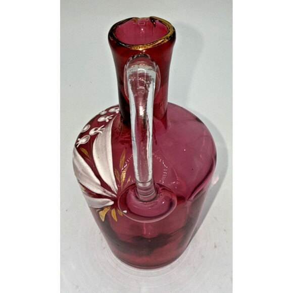 Vintage Victorian Cranberry Glass Jug W/Hand Painted White Flowers Gold Trim 7” - Picture 6 of 16